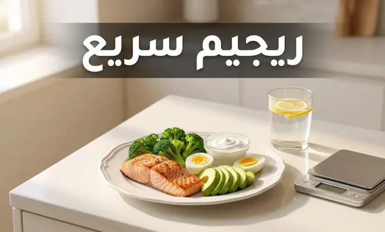 طبق غذائي صحي متوازن يحتوي على سلمون مشوي وبروكلي وأفوكادو وبيض مسلوق — صورة غلاف مقال ريجيم سريع