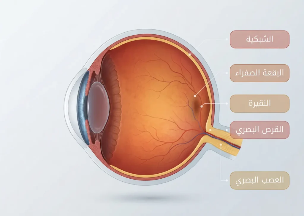 مقطع تشريحي يوضح الشبكية والبقعة الصفراء والنقيرة والقرص البصري والعصب البصري