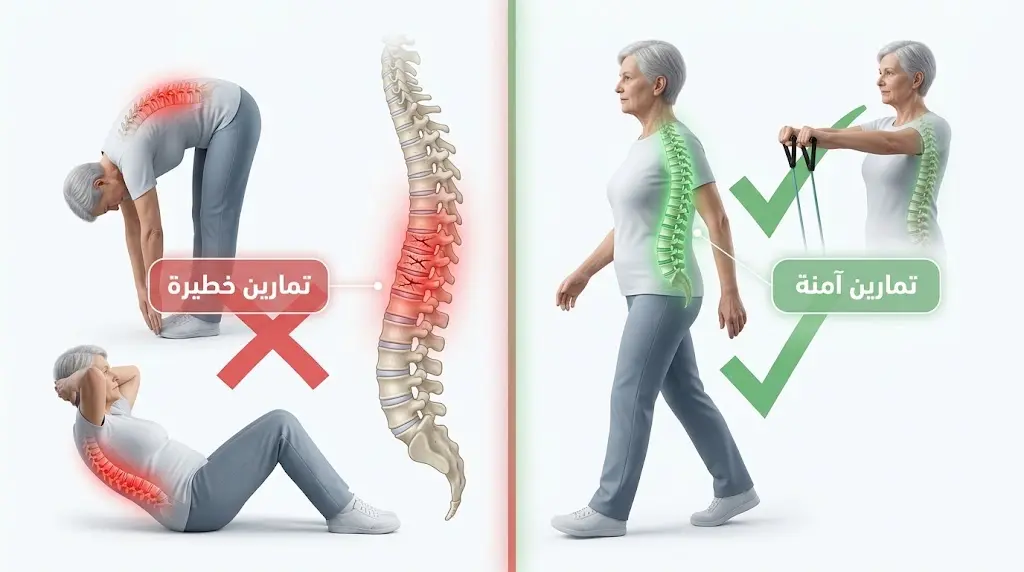 رسم طبي يوضح الفرق بين التمارين الآمنة والخطيرة لمرضى هشاشة العظام مع إبراز تأثير كل وضعية على الفقرات
