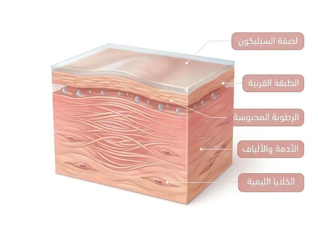 رسم توضيحي طبي يشرح آلية حبس الرطوبة تحت لصقة السيليكون فوق الندبة