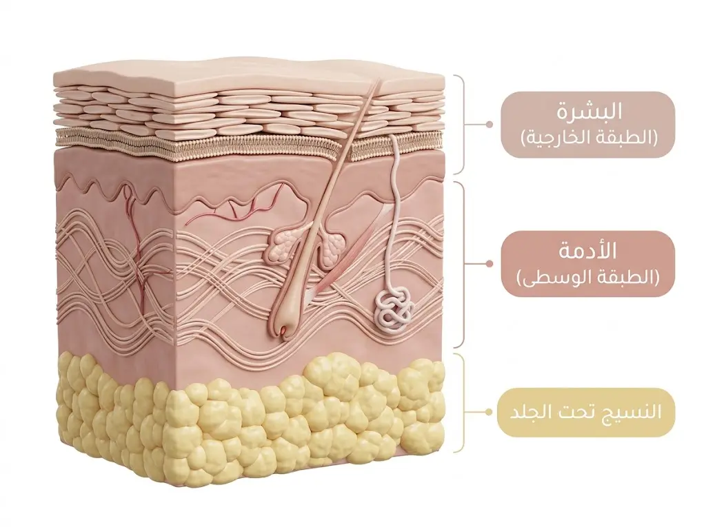رسم طبي ثلاثي الأبعاد يوضح طبقات الجلد الثلاث: البشرة والأدمة والنسيج تحت الجلد
