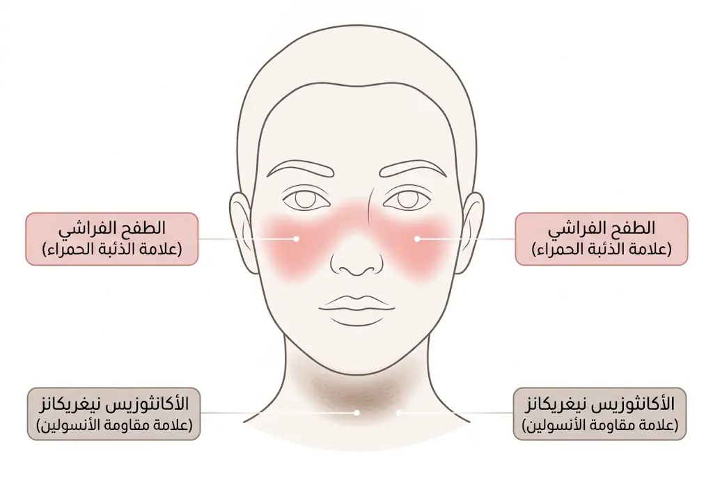 رسم طبي يُظهر الطفح الفراشي على الوجه وبقع الأكانثوزيس كعلامات جلدية لأمراض جهازية