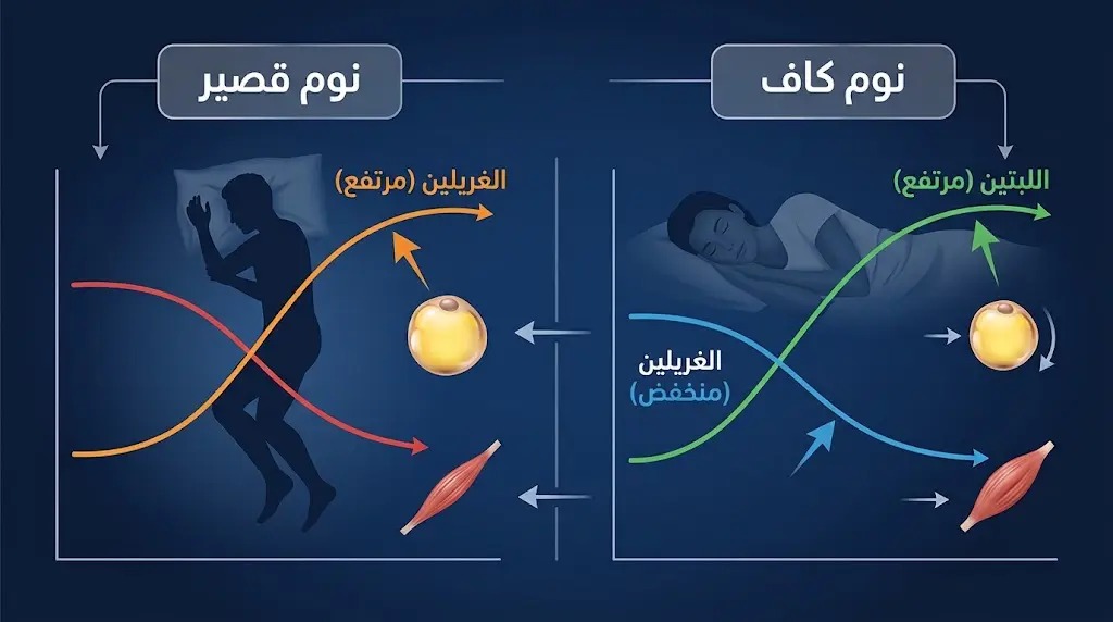 رسم مقارن يُوضح اختلال هرموني اللبتين والغريلين بين حالة النوم الكافي والنوم القصير وتأثيره على الوزن.