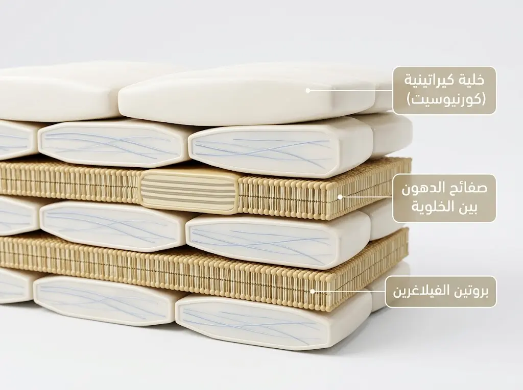 رسم مجهري ثلاثي الأبعاد للطبقة القرنية يُظهر الكورنيوسيتات وصفائح الدهون وبروتين الفيلاغرين