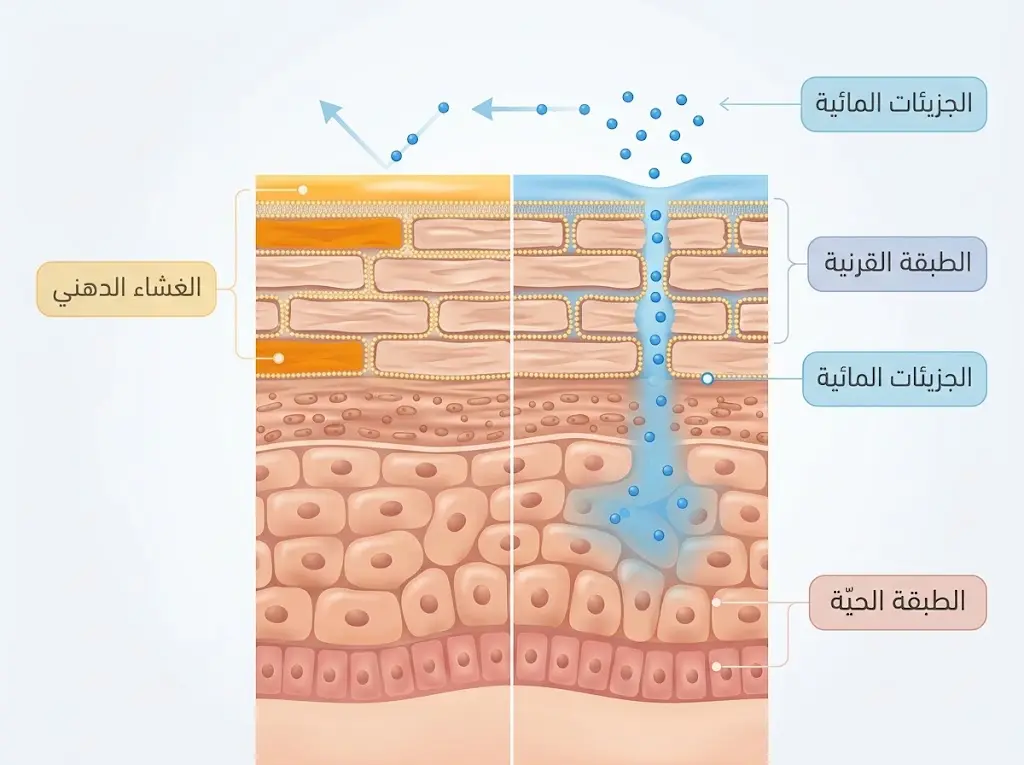 رسم تشريحي طبي يُظهر آلية نفاذية السيروم المائي واستحالة اختراقه للطبقة الزيتية في الجلد