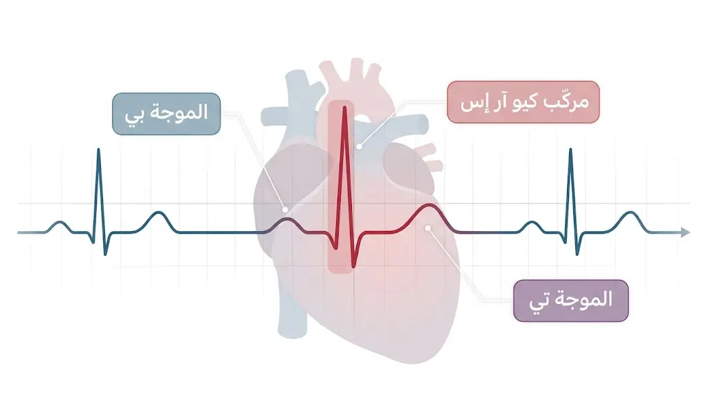 رسم طبي دقيق يوضح موجات تخطيط القلب الأساسية مع إبراز مركب QRS المرتبط بانقباض البطينين.