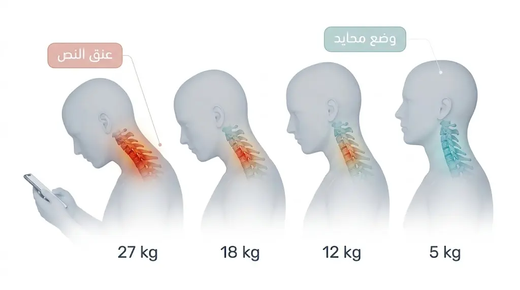 رسم طبي يُظهر تصاعد الحمل الميكانيكي على الفقرات العنقية من 5 كيلوغرامات في الوضع المحايد إلى 27 كيلوغراماً عند ميل الرأس 60 درجة أمام الهاتف