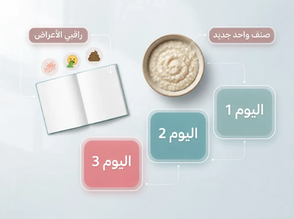 إنفوغرافيك طبي يشرح قاعدة الثلاثة أيام لإدخال الأطعمة الجديدة للرضيع ومراقبة الحساسية