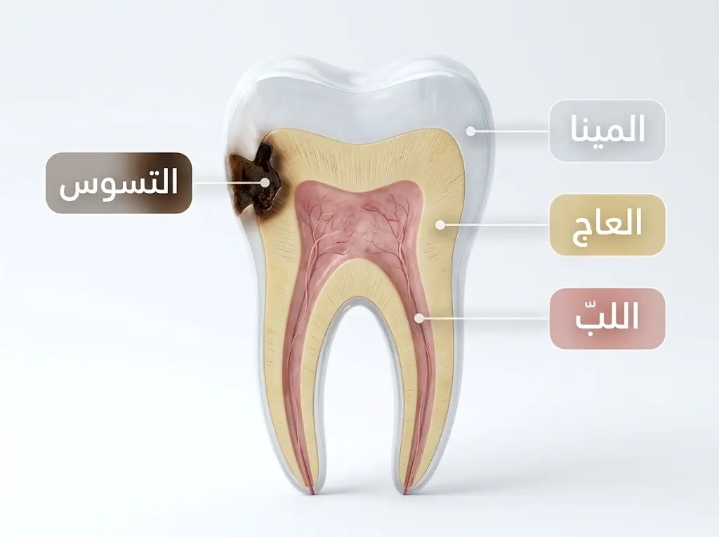 مقطع تشريحي ثلاثي الأبعاد لضرسة يُظهر طبقات المينا والعاج واللبّ ومنطقة التسوس