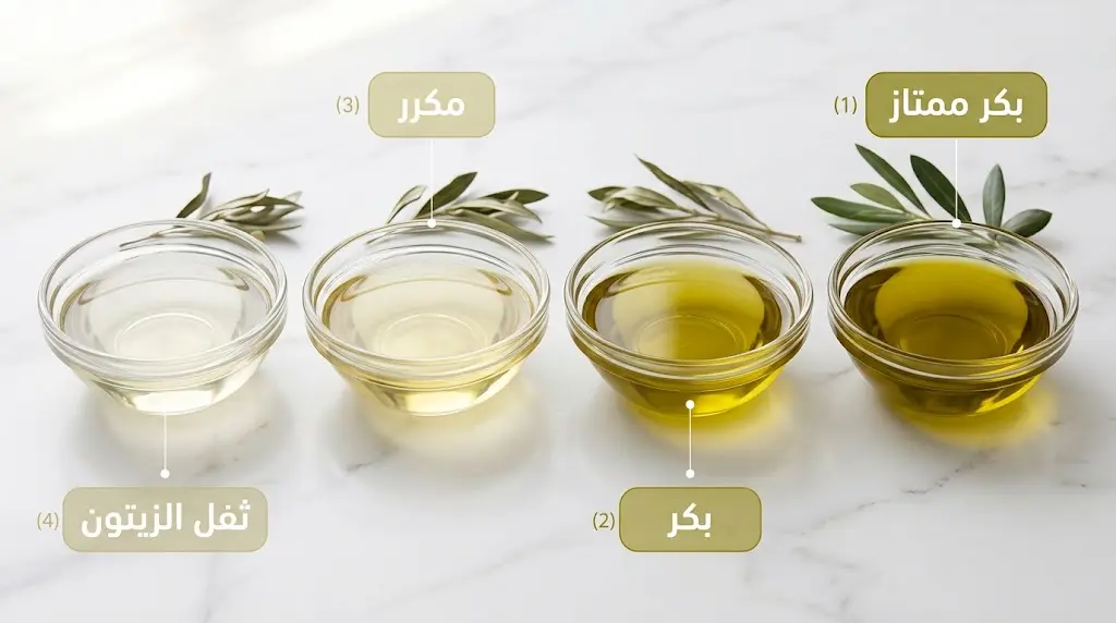 مقارنة بصرية بين أربعة أنواع من زيت الزيتون في أوعية زجاجية تظهر الفروقات اللونية بين البكر الممتاز والبكر والمكرر وثفل الزيتون