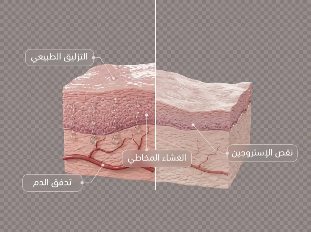 صورة طبية ثلاثية الأبعاد تقارن بين التزليق المهبلي الطبيعي والجفاف المرتبط بنقص الإستروجين وضعف التروية