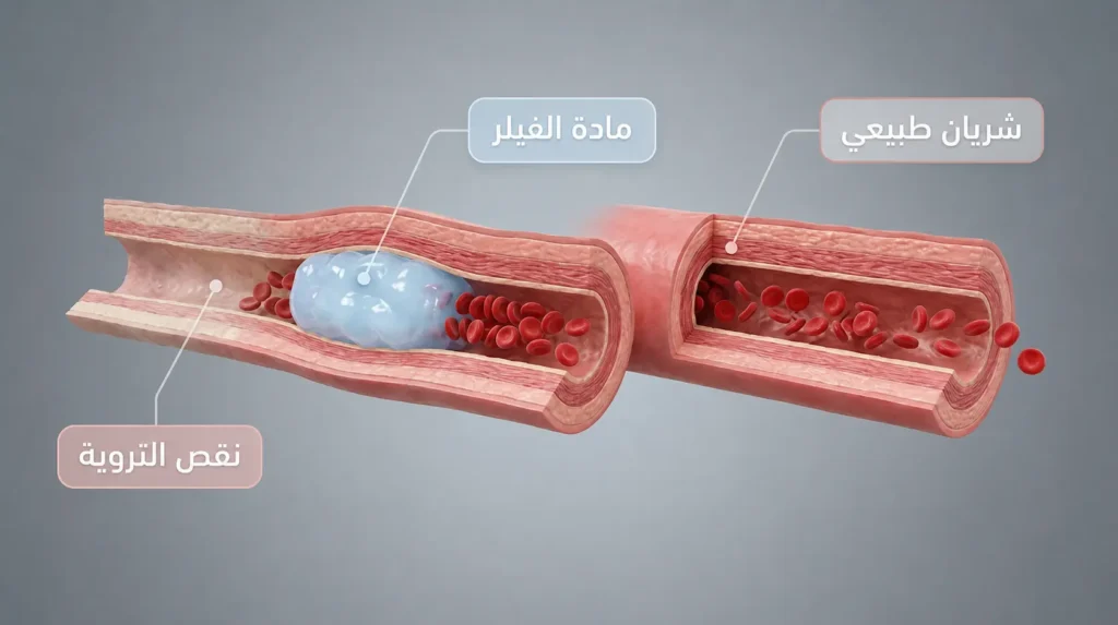 رسم ثلاثي الأبعاد واقعي يوضّح آلية انسداد شريان وجهي بمادة الفيلر مع مقارنة بين الشريان الطبيعي والمسدود
