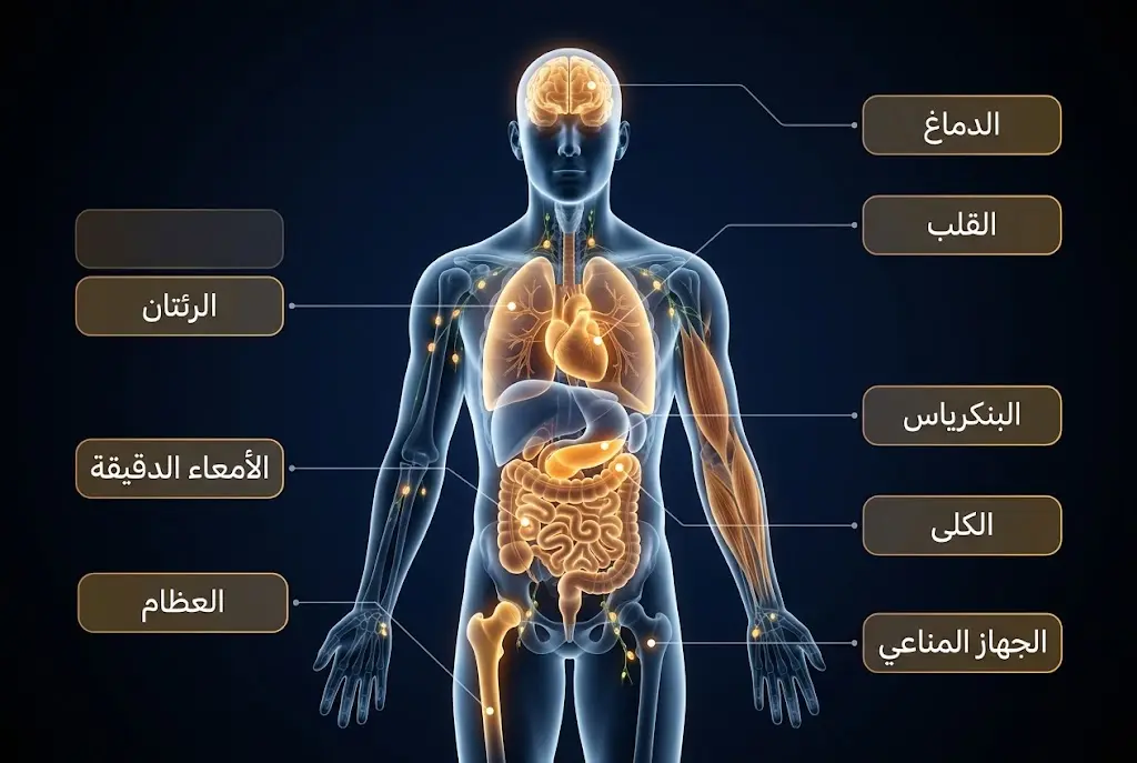 رسم ثلاثي الأبعاد لجسم الإنسان يُبرز الأعضاء التي تحتوي على مستقبلات فيتامين د.