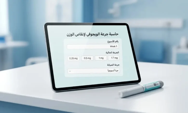 حاسبة جرعة الويجوفي لإنقاص الوزن على شاشة لوحية بجانب قلم حقن أسبوعي في بيئة طبية واقعية