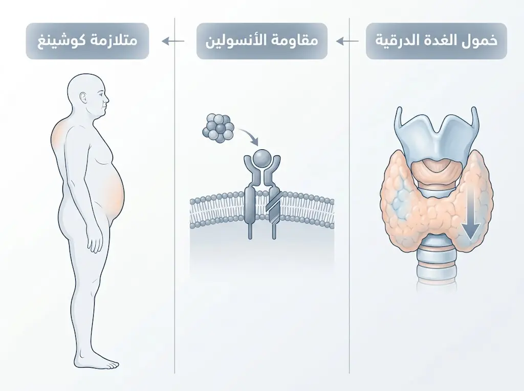 رسم طبي يُوضح ثلاثة أمراض قد تُعيق إنقاص الوزن: خمول الغدة الدرقية، مقاومة الأنسولين، ومتلازمة كوشينغ.