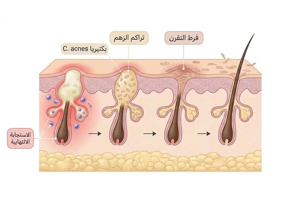 رسم طبي تشريحي يوضح أربع مراحل تكوّن حب الشباب داخل الجريب الشعري من فرط التقرن إلى الالتهاب