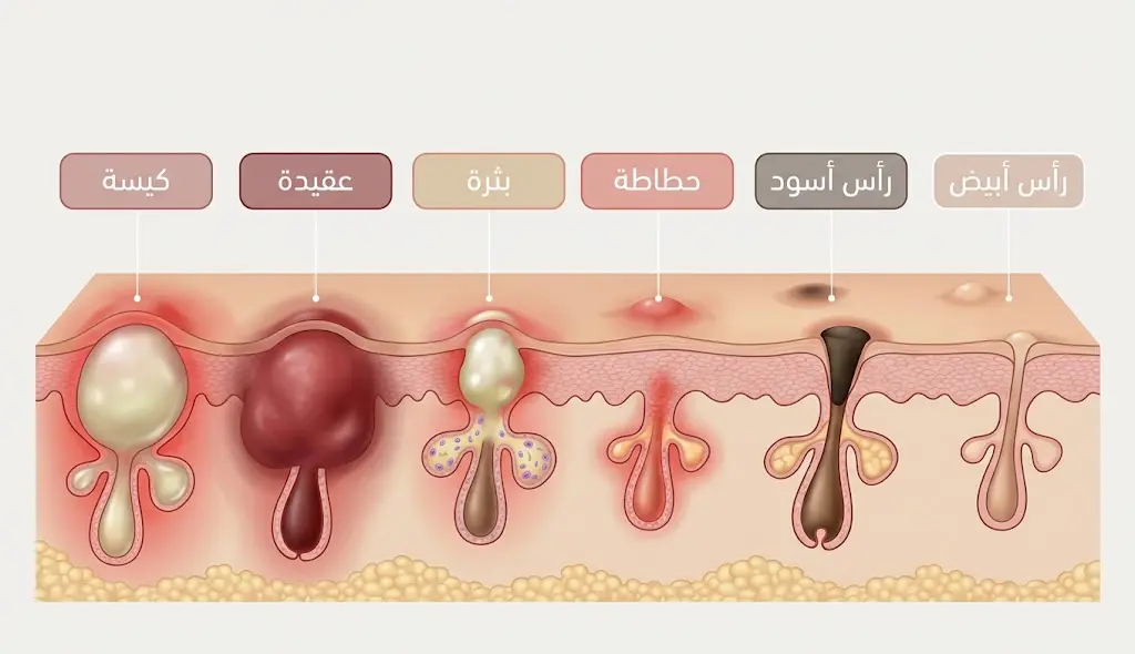 رسم طبي مقارن يوضح الأنواع الستة لآفات حب الشباب من الكوميدون إلى الكيسة العميقة
