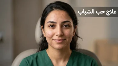 صورة غلاف مقال علاج حب الشباب — شابة بشرتها تظهر عليها حبوب التهابية خفيفة إلى متوسطة