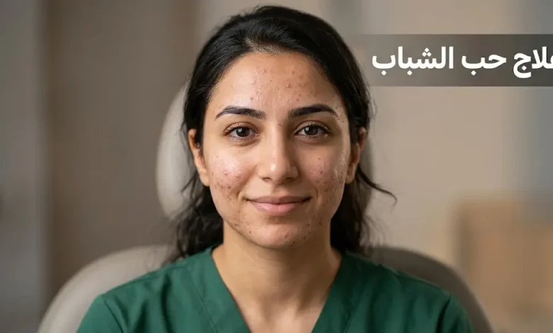 صورة غلاف مقال علاج حب الشباب — شابة بشرتها تظهر عليها حبوب التهابية خفيفة إلى متوسطة