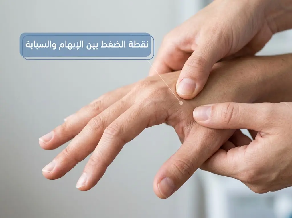 طريقة الضغط على نقطة He Gu بين الإبهام والسبابة لتخفيف الصداع
