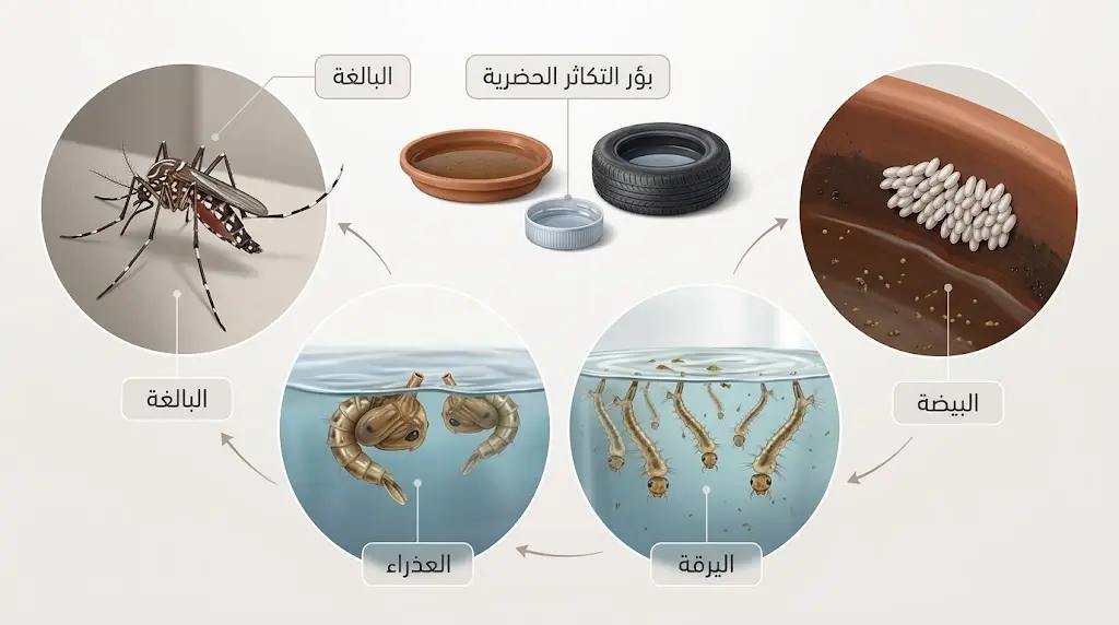 دورة حياة بعوضة النمر الآسيوي من البيضة إلى البالغة مع مواضع التكاثر الحضرية