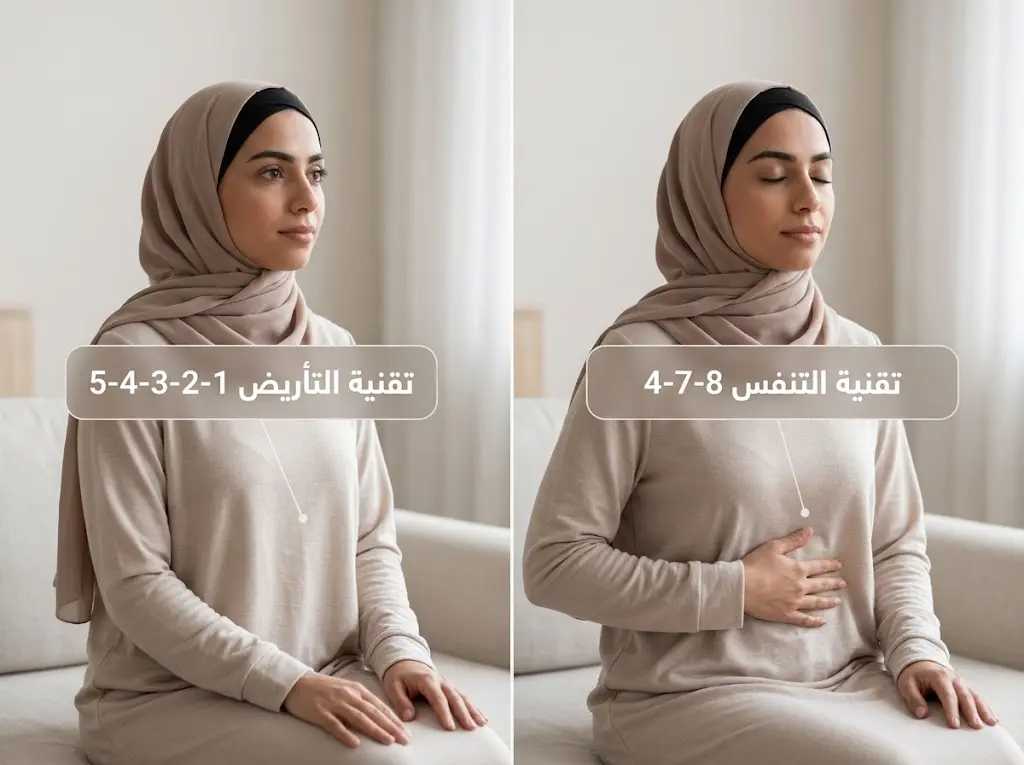 امرأة عربية تُطبق تقنية التأريض الحسي وتقنية التنفس للتعامل مع نوبة القلق الحادة