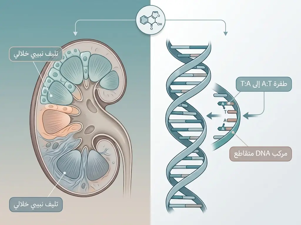 رسم طبي يوضح مسارَي الضرر الكلوي والطفرة الجينية الناجمين عن حمض الأريستولوكيك