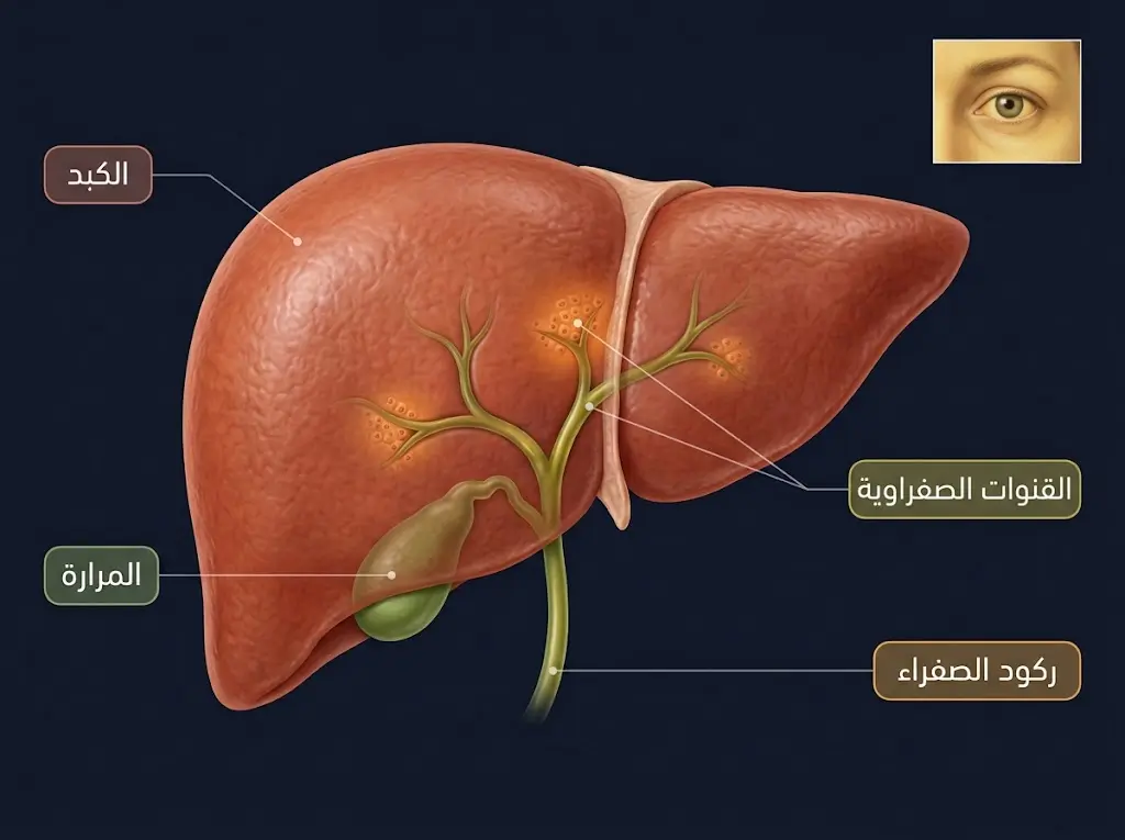 رسم طبي ثلاثي الأبعاد للكبد والقنوات الصفراوية يوضح آلية اليرقان الركودي المرتبط بأدوية الكلافولانات