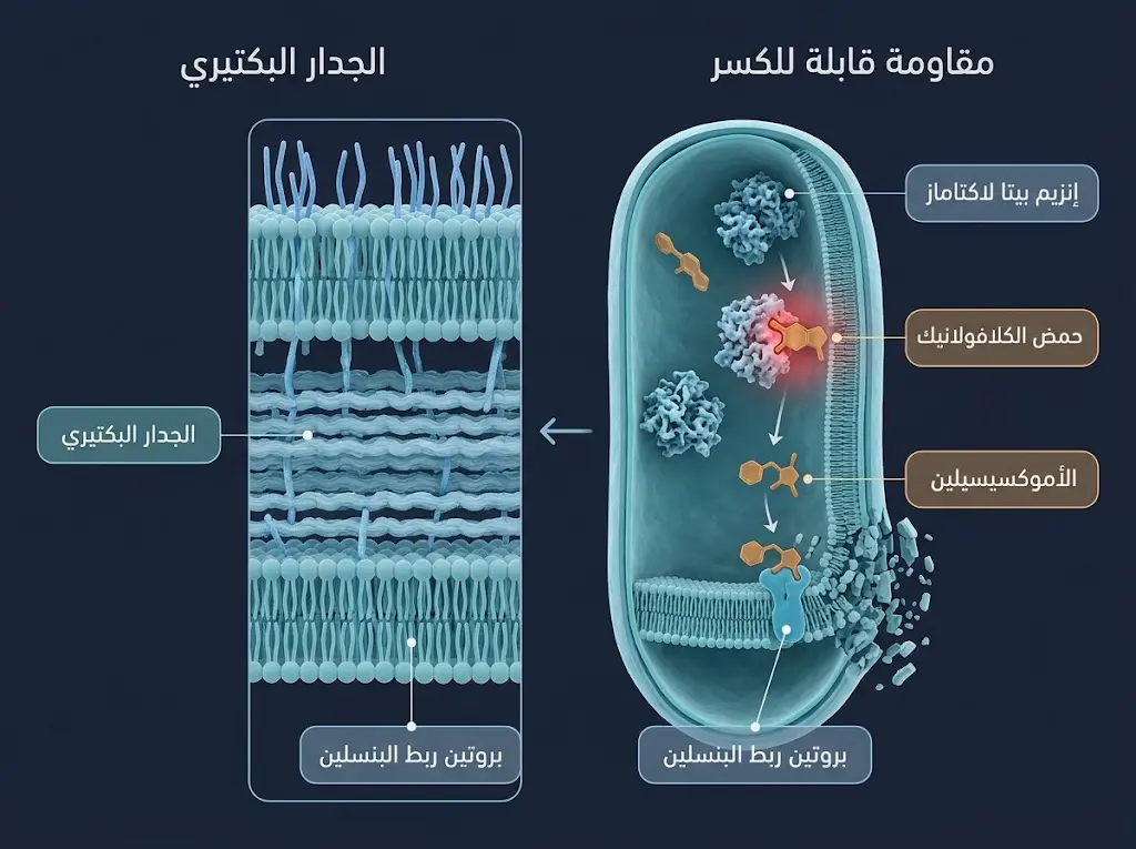 رسم طبي ثلاثي الأبعاد يوضح آلية تثبيط إنزيم بيتا لاكتاماز بواسطة حمض الكلافولانيك وتأثير الأموكسيسيلين على جدار الخلية البكتيرية