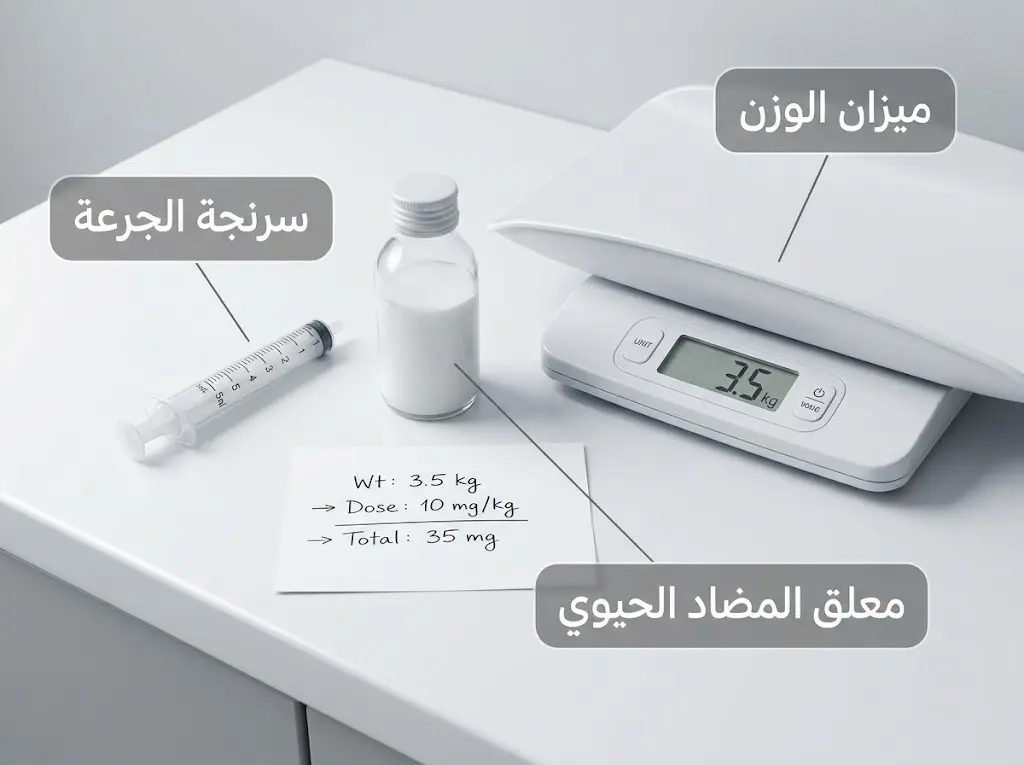 سرنجة جرعة طبية للأطفال بجانب ميزان وزن وزجاجة معلق مضاد حيوي على سطح سريري نظيف