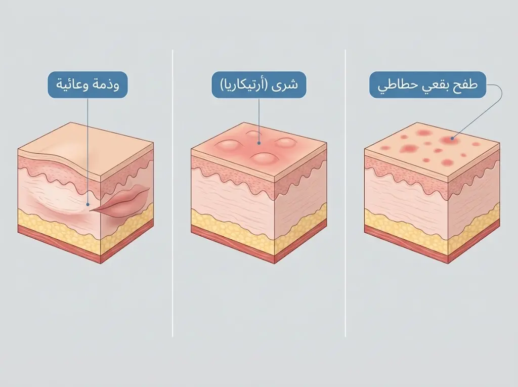رسم طبي يوضح أنواع ردود الفعل الجلدية للمضادات الحيوية: الطفح البقعي والشرى والوذمة الوعائية