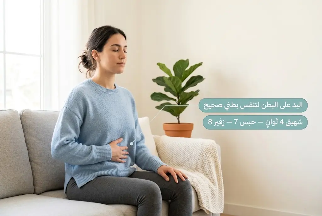 امرأة تُطبق تقنية التنفس البطني للسيطرة على نوبة الهلع