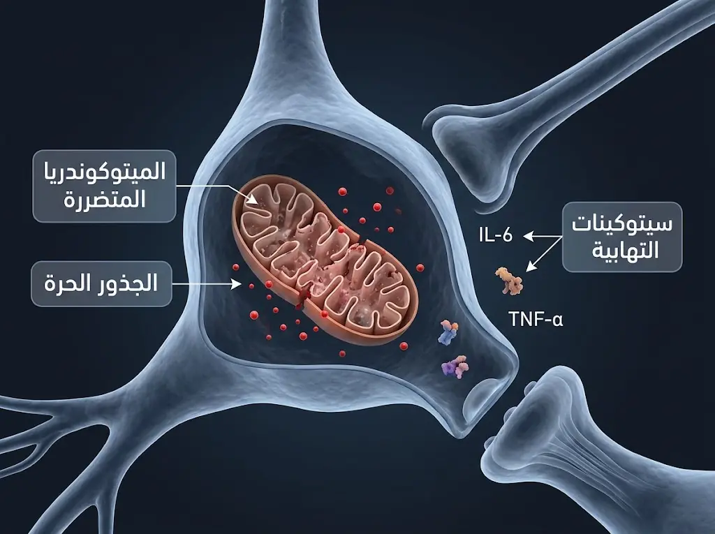 رسم طبي مجهري يُظهر الميتوكوندريا المتضررة والجذور الحرة والسيتوكينات الالتهابية داخل الخلية العصبية في اضطراب ثنائي القطب