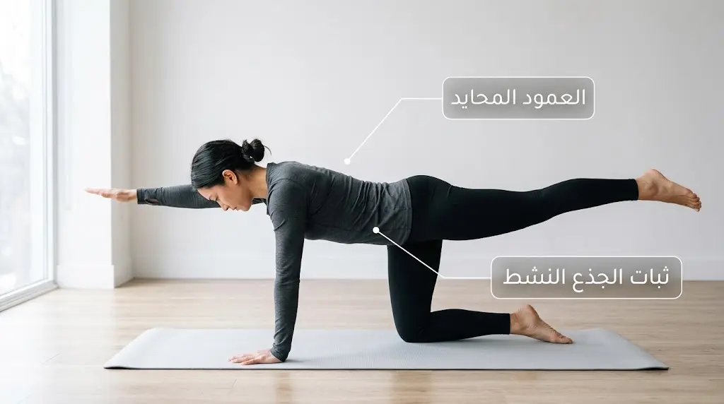 شخص يُؤدي تمرين الطائر-الكلب لتقوية عضلات الجذع العميقة وتثبيت العمود الفقري القطني