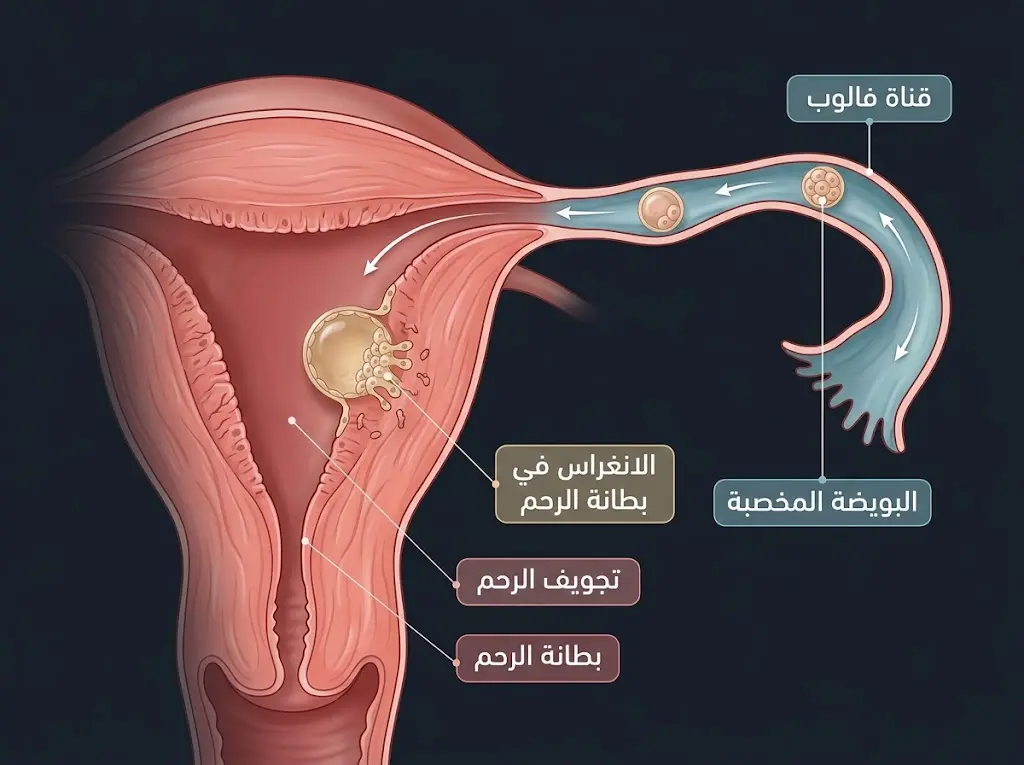 رسم طبي يوضح رحلة البويضة المخصبة من قناة فالوب إلى مرحلة الانغراس في جدار الرحم