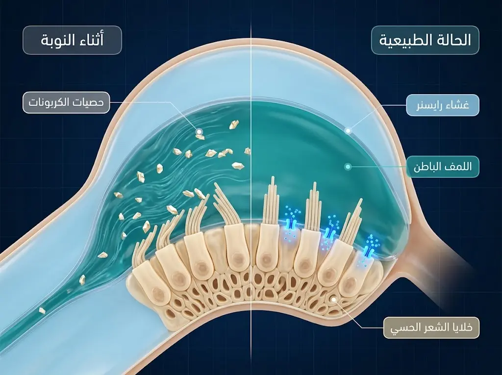 رسم مجهري طبي يُقارن بين حالة الأذن الداخلية الطبيعية وحالتها أثناء نوبة الدوخة الوضعية الانتيابية