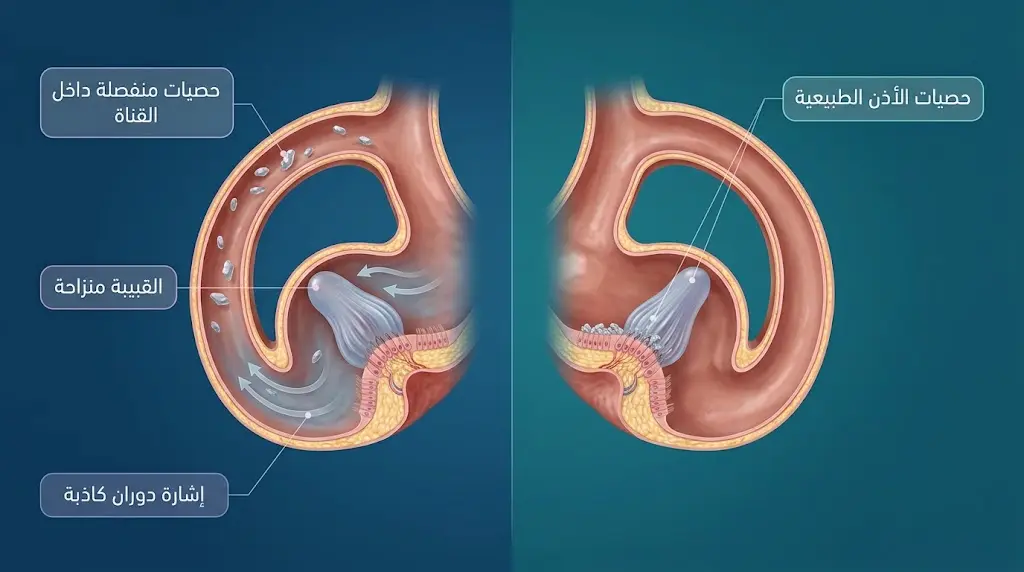 رسم طبي مقارن يُظهر الفرق بين حصيات الأذن الطبيعية وحصيات BPPV المنفصلة داخل القناة الهلالية