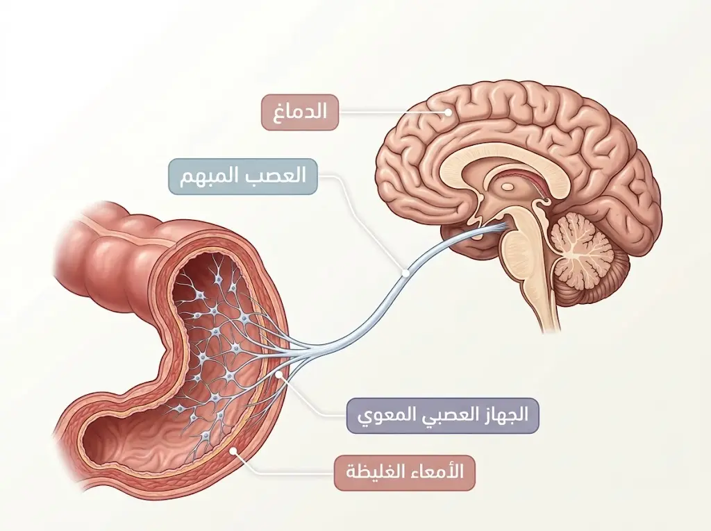 رسم طبي علمي يُوضّح محور الأمعاء والدماغ مع تمثيل للدماغ والعصب المبهم والجهاز العصبي المعوي والأمعاء الغليظة.