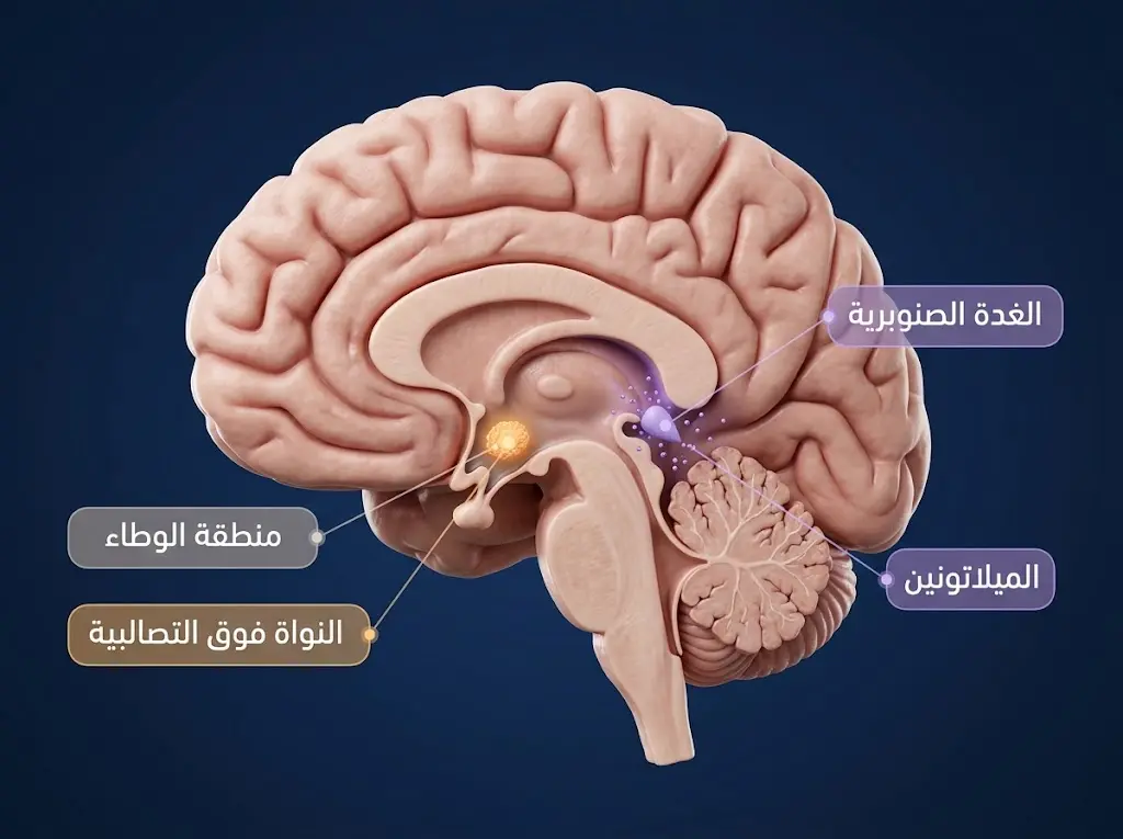 تصوير ثلاثي الأبعاد لمقطع من الدماغ البشري يُظهر النواة فوق التصالبية والغدة الصنوبرية المسؤولتين عن تنظيم دورة النوم والاستيقاظ.