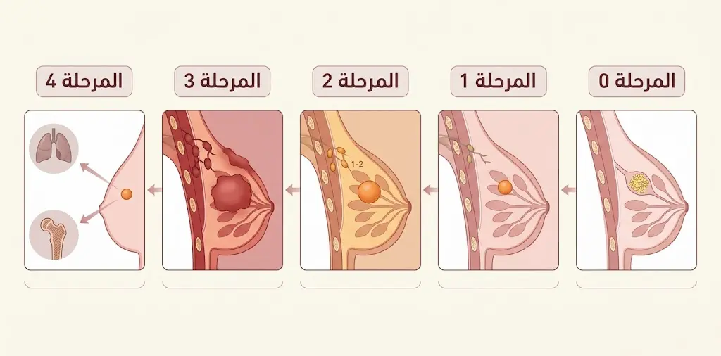 رسم بياني تسلسلي يُوضح مراحل سرطان الثدي الخمس من المرحلة الصفرية حتى المرحلة الرابعة مع إبراز التغيرات في حجم الورم وانتشاره