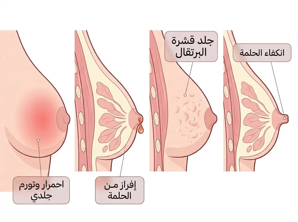 رسم توضيحي طبي يُقارن أربع علامات تحذيرية لسرطان الثدي تشمل انكفاء الحلمة وتنقر الجلد والإفرازات والاحمرار