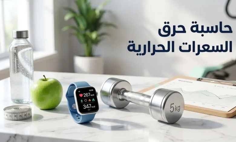 حاسبة حرق السعرات الحرارية مع ساعة ذكية وأدوات رياضية على خلفية بيضاء
