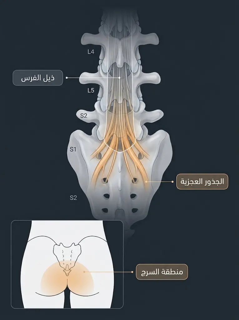 رسم طبي يُظهر ذيل الفرس والجذور العجزية وتوزع الإحساس في منطقة السرج — مناطق المتلازمة الحرجة