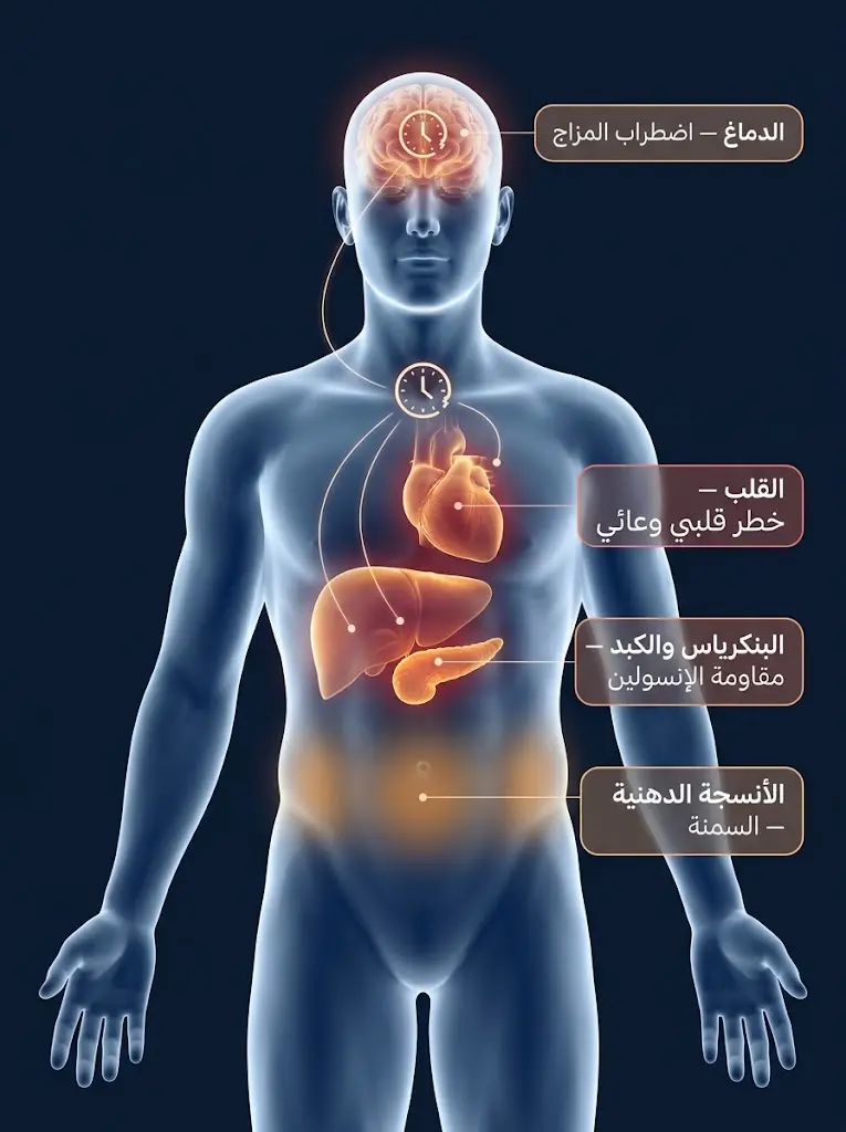 رسم طبي يُظهر الأعضاء المتأثرة باضطراب الإيقاع اليوماوي المزمن