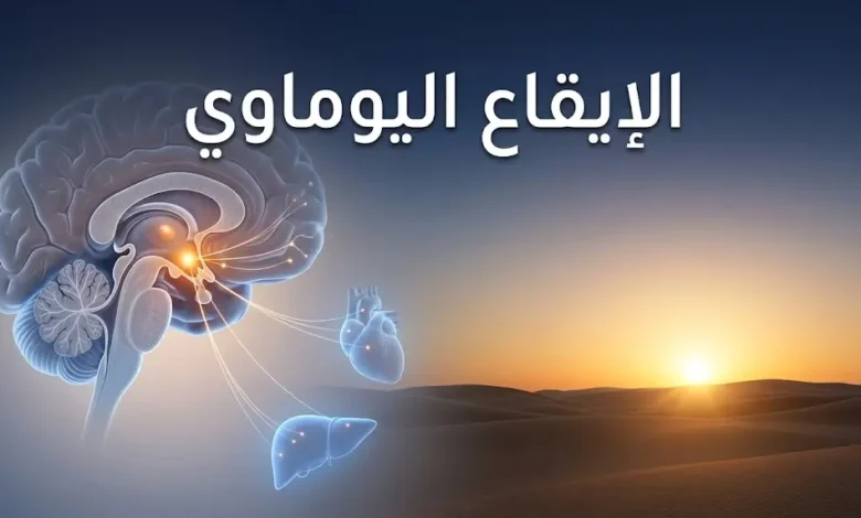 صورة غلاف مقال الإيقاع اليوماوي تُظهر دماغاً بشرياً مع النواة فوق التصالبية ومشهد شروق الشمس