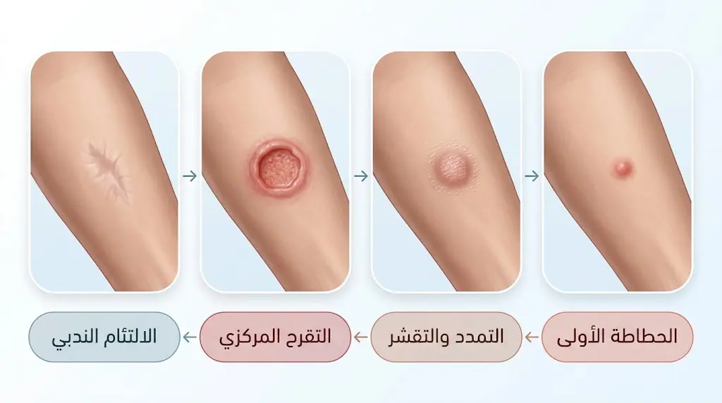 المراحل الأربع لتطور قرحة اللشمانيا الجلدية من الحطاطة إلى الندبة