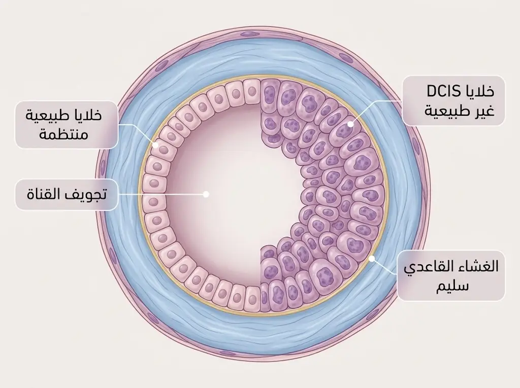 رسم تشريحي يُقارن قناة حليب طبيعية مع قناة مصابة بـ DCIS تُظهر احتجاز الخلايا غير الطبيعية داخل جدار القناة مع سلامة الغشاء القاعدي