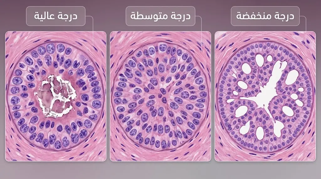 صورة مجهرية مقارِنة تُظهر الدرجات النسيجية الثلاث لـ DCIS: المنخفضة والمتوسطة والعالية بنمط تلوين هيستولوجي واقعي