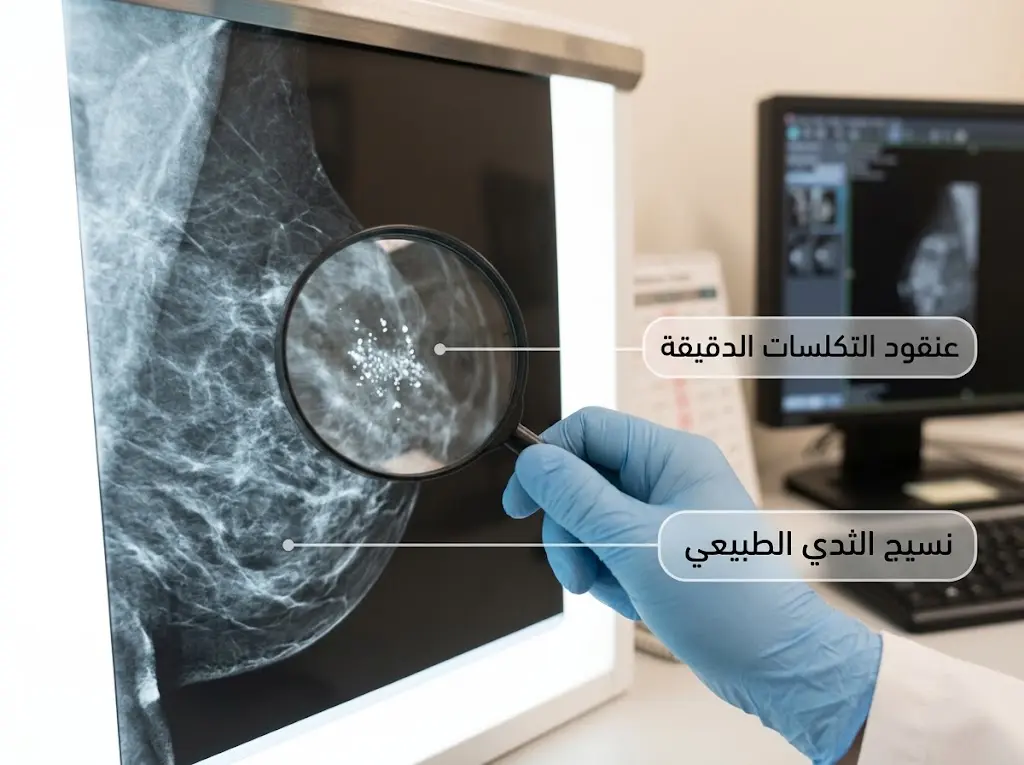 صورة واقعية لفيلم ماموغرام يُظهر عنقوداً من التكلسات الدقيقة البيضاء المشبوهة تحت عدسة مكبرة في بيئة أشعة سريرية