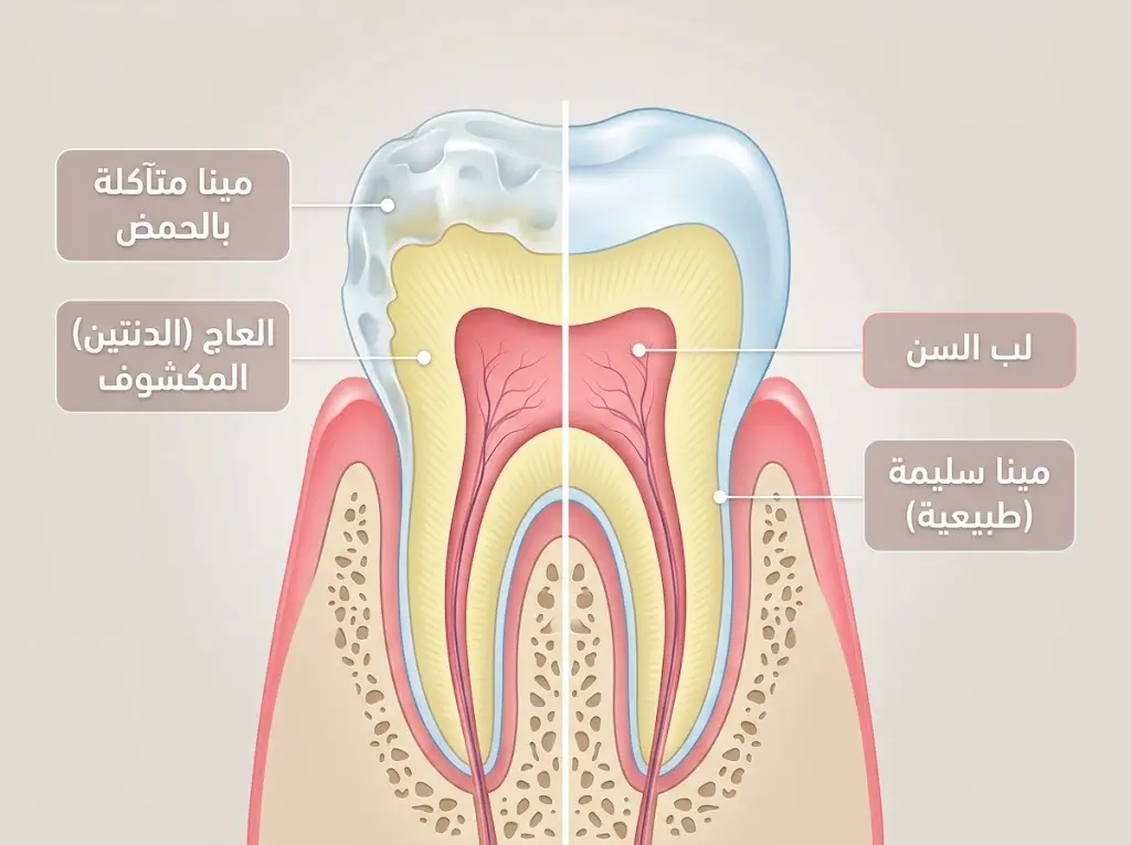 رسم طبي مقارن لسن صحي مكتمل المينا وآخر يعاني من تآكل المينا الناتج عن التعرض للحمض مع تسميات عربية لطبقات السن